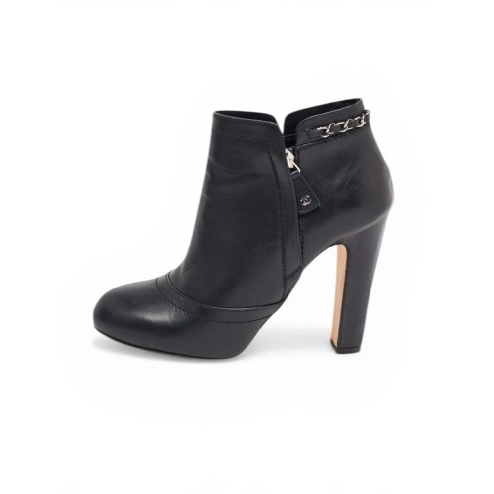 Chanel Black Leather Chain Details Ankle Booties US 8